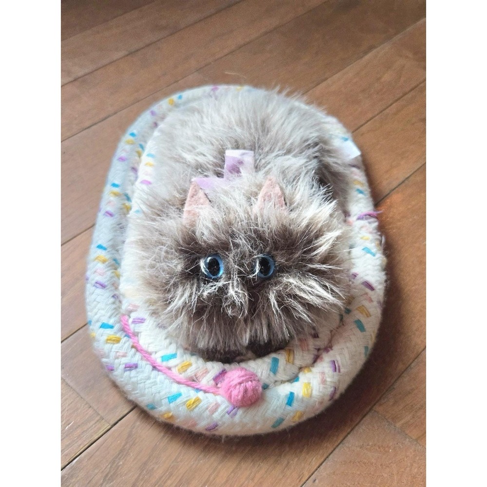 Vintage 1984 M&R Desmarais Furry Cat Plush on Braided Rug Stuffed Animal RARE!